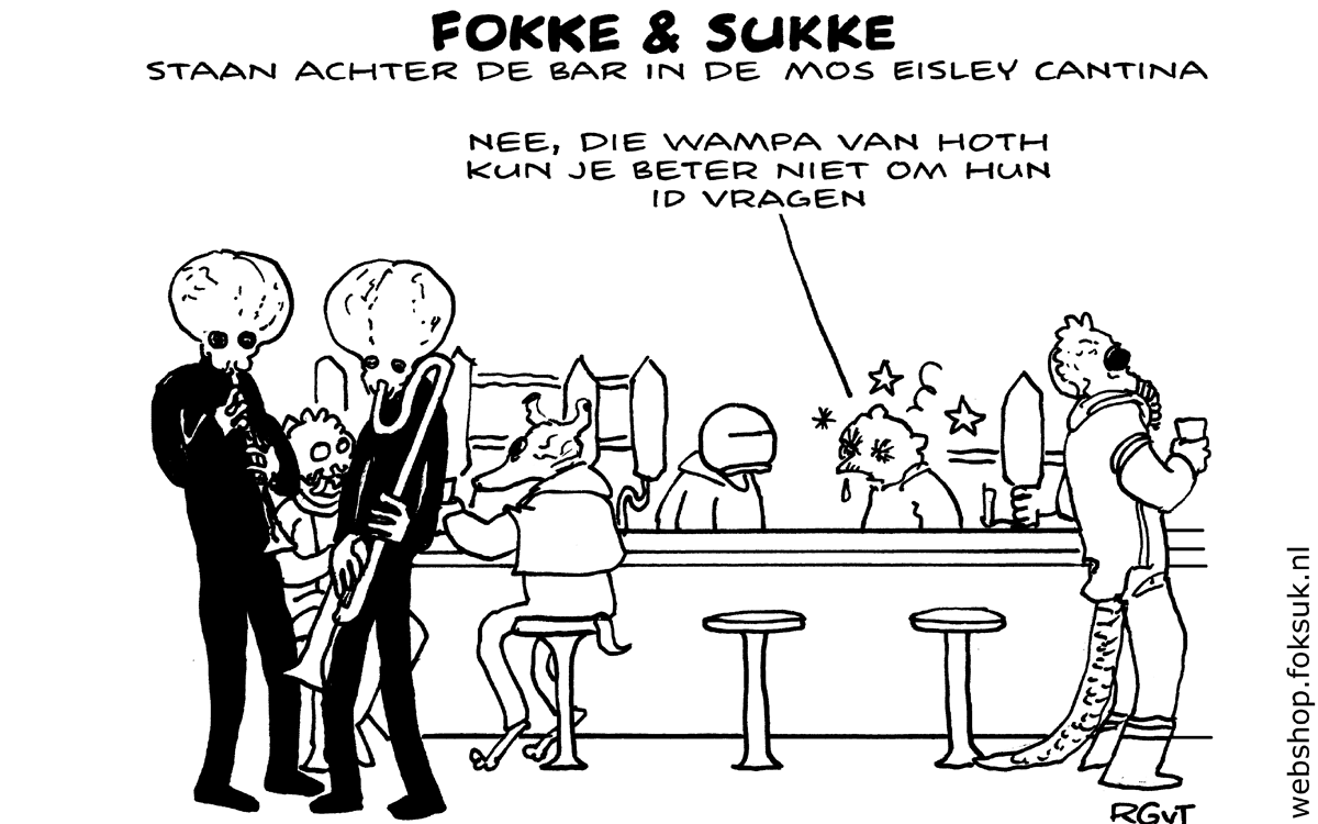 F&S staan achter de bar in de Mos Eisley Cantina (NRC, wo, 16-12-15)