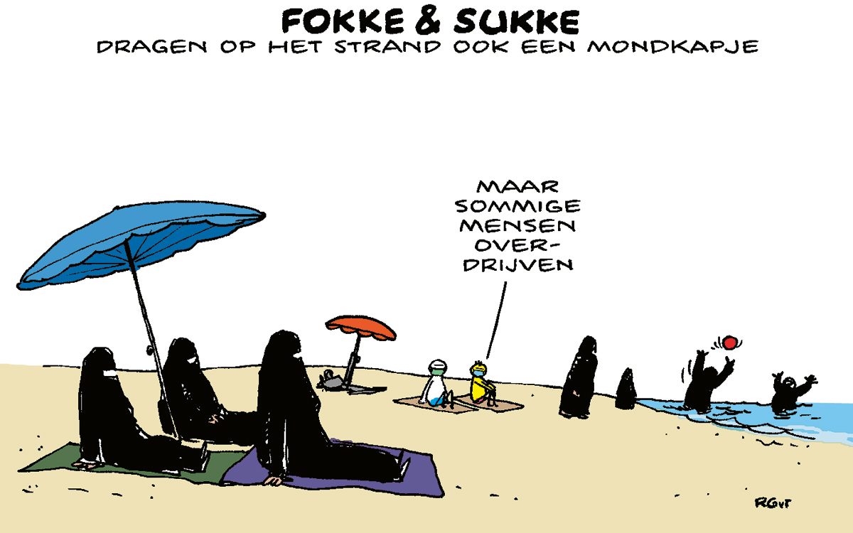 F&S dragen op het strand ook een mondkapje (NRC, do, 23-07-20)