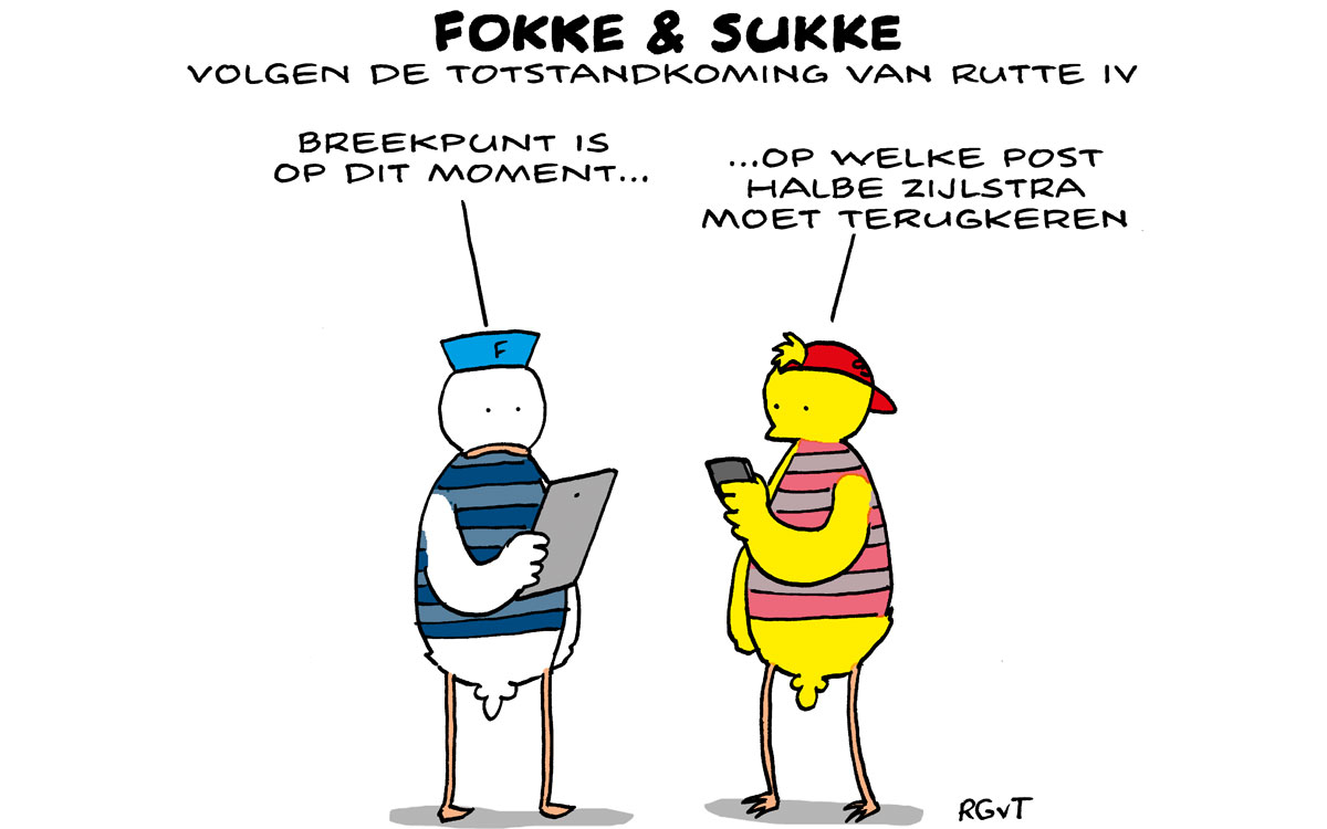 Fokke & Sukke volgen de totstandkoming van Rutte IV (NRC, ma, 04-10-21)