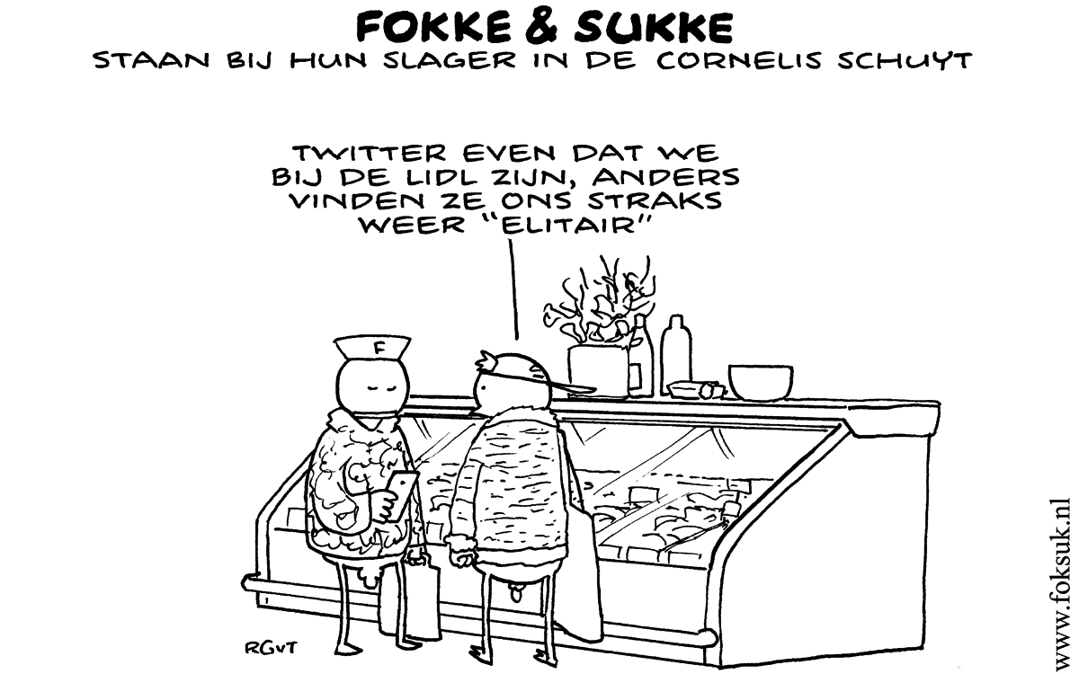F&S staan bij hun slager inde Cornelis Schuyt (NRC, vr, 20-12-13)